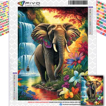 FIYO5D DIY 꽃 코끼리 다이아몬드 모자이크 크로스 키트는 동물 폭포의 사진을 모조 다이아몬드 벽 장식