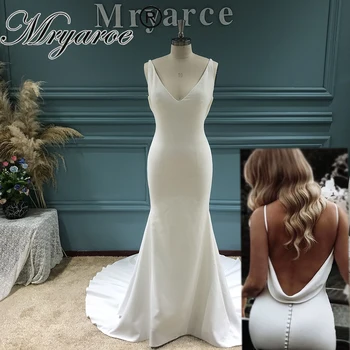 Mryarce 단순히 우아한 가동 가능한 크레이프 넥 레이스 인어 웨딩 드레스의 섹시 신부 드레스