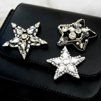 1PCS 백 블랙 스타 비드 모조 다이아몬드 브로치 패치플리케 Sew 패치 패션 의류 장식 패치