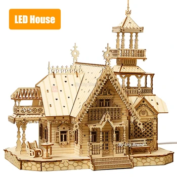 3D 나무로 되는 퍼즐 하우스 빌라 로얄 성 빛으로 어셈블리 아이 장난감 성인 DIY 모델 키트 데스크 장식 선물