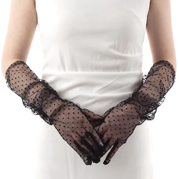 여성 검정 흰 점이 레이스 튤 신축성이 있는 장갑을 전체 손가락 투명한 섹시 장갑 메시 신부가 결혼식 장갑