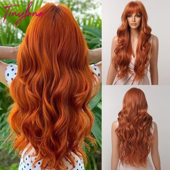 오렌지 구리로 붉은 노란색성 가발 긴 물결 모양의 생강 가발 앞머리에 대한 여자 자연적인 코스프레 몸 파 머리 열 저항