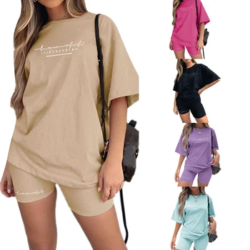 여자 레저 스포츠 2-조각 여름 느슨한 짧은 문자 T-셔츠 인쇄+꽉 카프리바 스포츠 의상