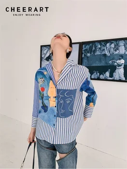 CHEERART 유화는 심미적인 셔츠 여자를 위한 라펠 워크 줄무늬 푸른 긴 디자이너는 최고 고 패션 블라우스