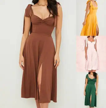 여름 섹시한 드레스 의상을 위해 여성 2023 새로운 패션 V 목 소매 캐주얼 높은 허리 드레스 우아한 기질 스커트