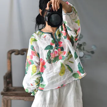 Johnature 여성 랜 소매 Ramie T-셔츠 빈티지 높은 품질 2023 새로운 여름 O-목 느슨한 꽃 인쇄 여성 T 셔츠
