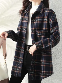 체크인 셔츠 여성의 긴 세련된 캐주얼 라펠 턴다운 세련된 칼라 무늬 클래식 싱글상
