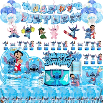 디즈니 Lilo&Stitch 공급자 처분할 수 있는 식기 종이 접시 컵 배너 냅킨 아이들을위한 생일 파티를 장식 베 샤워 시설