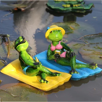 새로운 부동 카약 여유롭게 개구리상 수지 조각 야외 정원 연못 가정 장식적인 물고기 탱크는 정원 장식