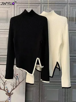 패션은 한국 불규칙한 슬림 긴 소매 스웨터 봄 가을 검 터틀넥 솔리드 컬러는 니트 최고 빈티지한 옷 90 년대
