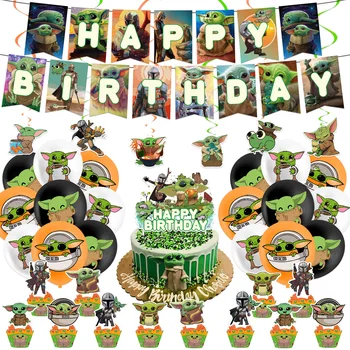 디즈니 파티 풍선을 설정한 만화 스타 워즈 Mandalorian 아기 요 홈 생일 케이크 플래그를 장식 소년 소녀 선물 장난감