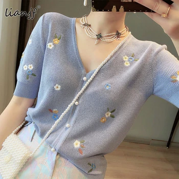 꽃 자수 얇은 니트 가디건 스웨터 여름 한국의 패션 목 짧은 소매 싱글 아이스크 탑