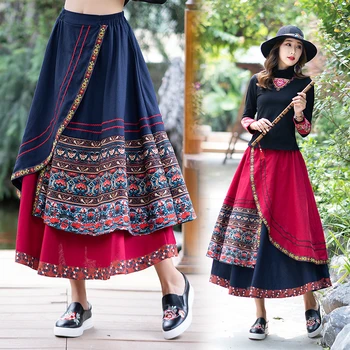민족 여자 스커트 여름 가을 겨울 멕시코 스타일의 원래 히피 보헤미안 긴 파란 빨간색 패치 워크 자수 스커트 Midi