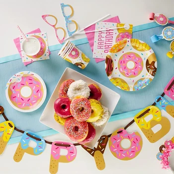 1Set 도넛 처분할 수 있는 식기 종이컵은 격판덮개 사탕 상자 선물의 생일 파티를 장식 베 샤워 공급 장치