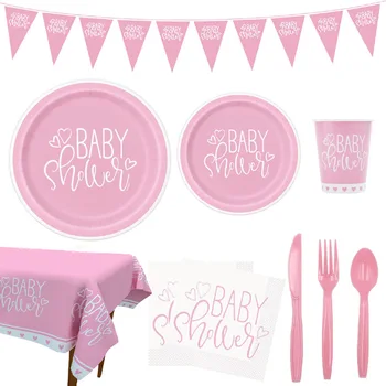 분홍색 여자 아기 샤워기 처분할 수 있는 종이컵은 종이 접시 식탁보 성별을 공개 장식이자 식기 파티용품