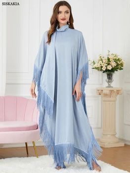 Abaya 무슬림 여성 술 베트 소매 드레스 터틀넥 캐주얼 대형 불규칙한 앙 가운 모로코 카프 라마단