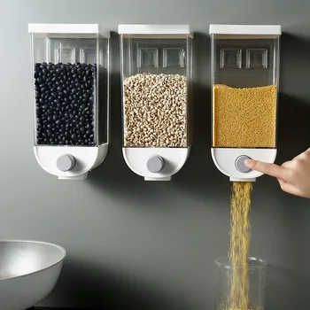 건조한 음식을 부엌 저장 상자 벽 장착 시리얼 디스펜서 쉽게 눌러 콘테이너 플라스틱 부엌 곡물 주최자는 용기