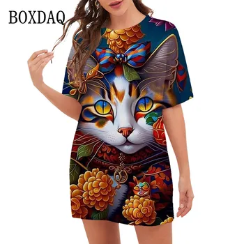 새로운 2023 여성복 패션 패턴 O-목화 고양이는 꽃무늬 프린트 드레스 여름 트렌드 캐주얼 짧은 파티 드레스 여성