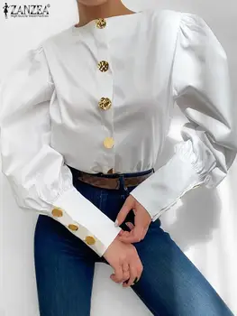 ZANZEA 패션 흰 셔츠 호 O 목 퍼프 소매 블라우스 캐주얼 레상 2023 봄 세련된 버튼을 최대상