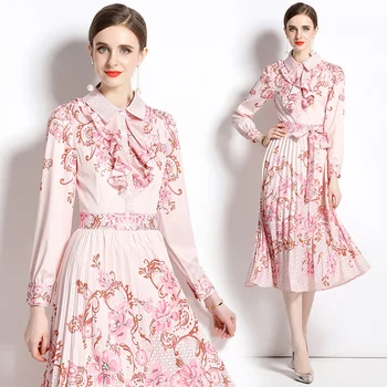 프랑스한 봄과 가을에는 새로운 유럽과 미국의 high-end 여자는 긴 치마 호리호리한 인쇄된 셔츠 드레스