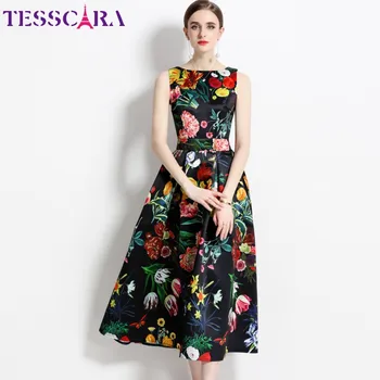 TESSCARA 우아한 여성 탱크 드레스 고품질의 꽃 칵테일 파티 가운 팜므 빈티지 라인 디자인은 경우 드레스