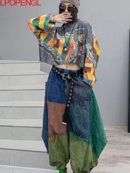 빈티지 인격 색상 대비한 패션에 맞게 여자가 2023 년 봄과 가을 느슨한 패치 워크 데님 바지-두 개의 조각 설정