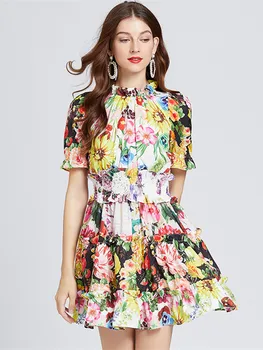 여름 휴가 칼라 짧은 해변의 미니 드레스 여성 Hoiday 꽃 인쇄 탄성 높은 허리 드레스 여성