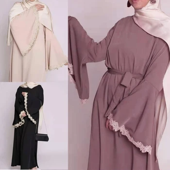 라마단 이슬람 골드 패치 워크 레이스 드레스 응용 프로그램은 두바이의 캐주얼 카프 탄 가족 의상를 위한 긴 소매를 가진 여자
