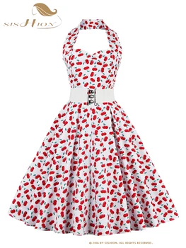 SISHION 고삐 디자인 핀 섹시한 여름 드레스 VD3592 50s60s 물방울 무늬 벚꽃 인쇄 라인 복고풍 빈티지 드레스