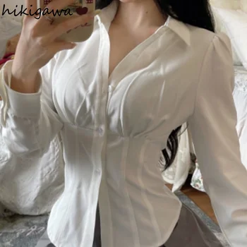 흰색 블라우스에서 여성을 위한 튜닉 긴팔 셔츠 Y2k 옷은 한국의 패션질 블라우스 탑 2023 상 Mujer De Moda