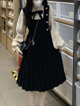 Deeptown 일본 스타일의 귀엽 검 드레스 여성 스타일 귀여운 달콤한 Jk 균일한 한 조각의 긴 소매 튜닉 주름을 잡은 미니 드레스