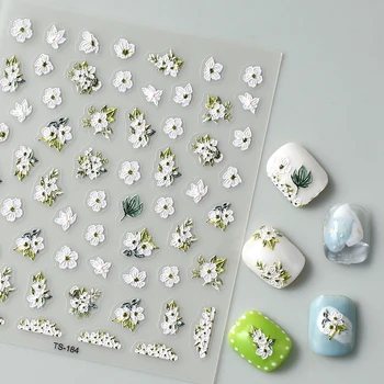 흰 꽃 5D 네일 스티커 DIY 아크릴 새겨진 네일 디자인 슬라이더를 손톱