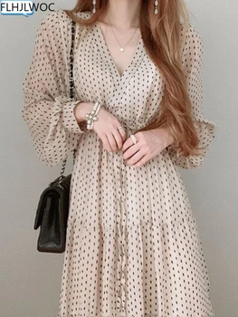 세련 된 한국의 패션 2022 성 기질이 우아한 졸라매는 끈 복고풍 빈티지 귀여운 긴 점 드레스 Fenimine Vestidos