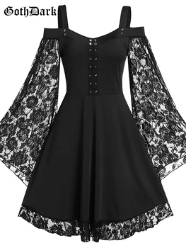 Goth 어두운 고딕 양식의 미학을 빈티지 여성 가을 드레스런 패치 워크 레이스 플레어 소매 블랙 라인 드레스 펑크 Partywear