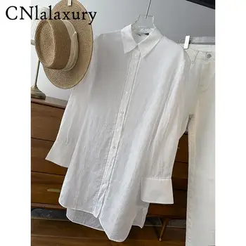 CNlalaxury 여성 캐주얼 턴다운 칼라 흰 긴 셔츠는 오버 사이즈 사무실 숙녀의 패션의 단 Breated 느슨 블라우스 비치
