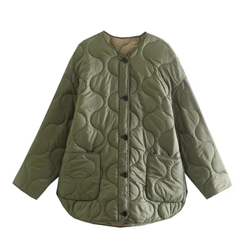 육군 녹색 오버사이즈 옷을 좋아하는 여자 2021 년 겨울 떨어지 면에 의하여 덧대지는 느슨한 코트 캐주얼 아 칼라 패션 착실히 세련된