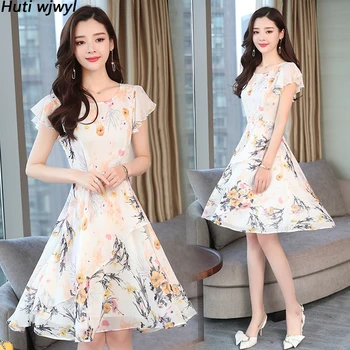 Bodycon 우아한 파티 드레스 2023 빈티지 인쇄 캐주얼 해변복 여름 한국어 새로운 꽃 쉬폰 Boho 미디 라