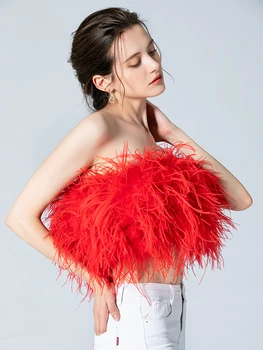 모피제 타조 깃털 코르셋 여자를 위한 섹시한 여름 최고 옷을 자르기성 짧은 코트 2022 패션성 의류