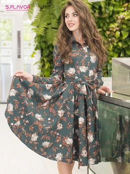 S. 맛을 빈티지 여자는 긴 꽃 인쇄 라인 드레스 캐주얼 칼라 미디 드레스