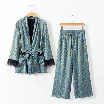 여자 설정 봄 패션 파랑에 의하여 인쇄되는 옷 재킷 깃털과 소매 넓은 바지 두 개의 조각은 빈티지아 여성복
