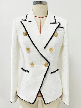 하이 스트리트 패션 2023 디자이너 재킷은 여자의 슬림 피자 단추 대조 색깔을 드리 워진 트위드 재킷