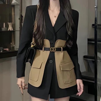 원래 디자인의 재킷 여성 패션의 새로운 느슨한 접합 Pocket 한국어 어깨를 으쓱 노치레스 재킷 Mujer 성 벨트