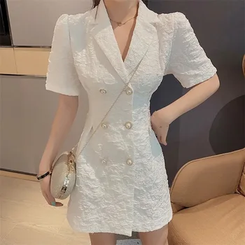 2023 여름에 맞게 드레스 여성의 한국 스타일의 퍼프 소매 허리 슬림 더블-기질에 레이스 스커트