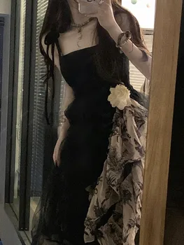 블랙 한국 스타일의 스트랩 드레스 여성 꽃을 빈티지한 미디 드레스 여름 2023 인쇄 캐주얼 프랑스 저녁 파티 드레스