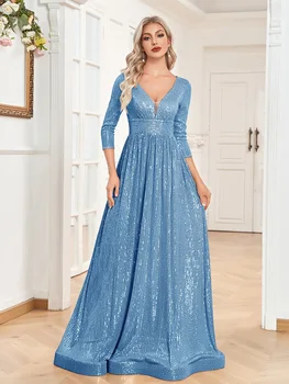 XUIBOL 한 V-장식 조각이 공식적인 이브닝 드레스 2023 여자는 긴 소매 라인 드레스색 결혼식 칵테일 드레스