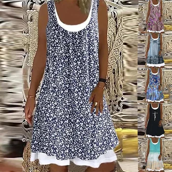 2023Traf 여자가 우연한 숙녀의 라인 스커트 민소매 3D 인쇄 드레스 꽃 텍스트 폴카 도트 인쇄 무릎 길이의 일상을 드레스
