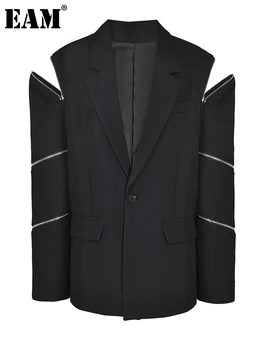 [EAM]여성 까만 지퍼 큰 크기 재킷 새로운 긴 긴 소매 재킷 패션의 흐름을 봄 가을 2023 1DF105101