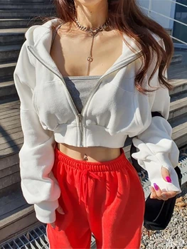 HOUZHOU 한국의 세련된 Zip Hoodie 성 패션 캐주얼 케이팝 솔리드 자른 두건이 있는 스웨트 셔츠는 긴 소매 스트리트웨어 Y2k