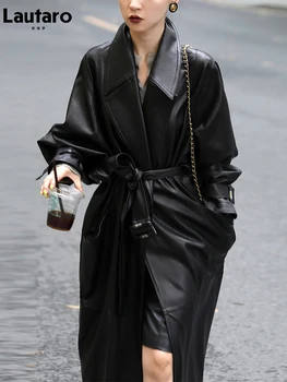 Lautaro 봄 가을형 긴 검은 부드러운 Pu 가죽 트렌치코트에 대한 여성 벨트 더블레스의 고급 한국의 패션 2022