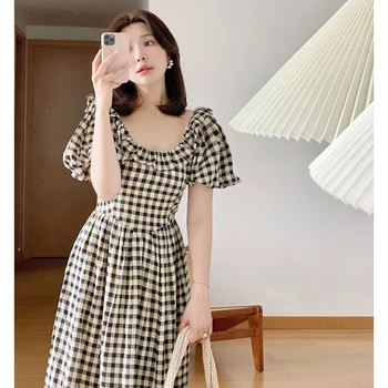 2023 한국 여성 무늬 캐주얼 복장이 여름을 빈티지 호 O 목 퍼프 짧은 여성 슬림 라인 드레스 드레스